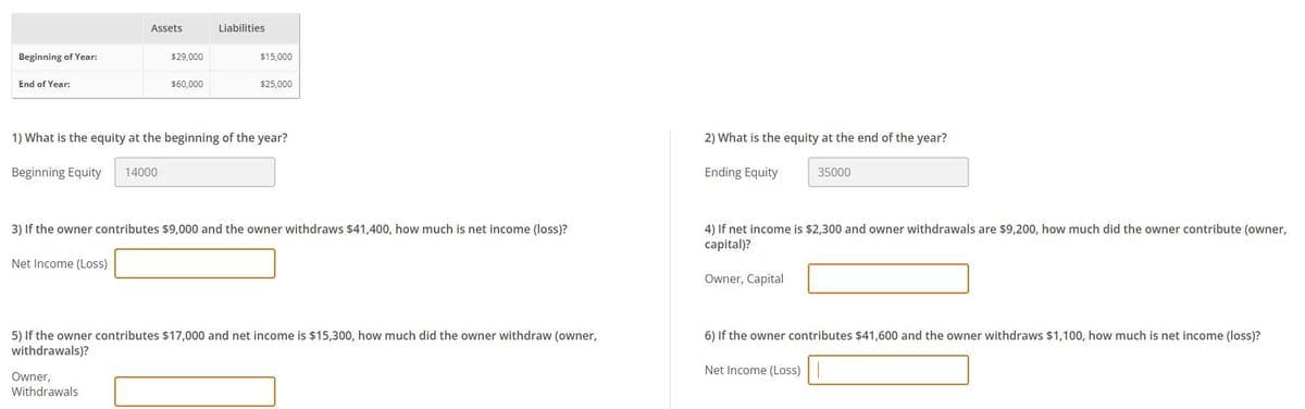 Beginning of Year:
End of Year:
Assets
Net Income (Loss)
$29,000
$60,000
Owner,
Withdrawals
Liabilities
$15,000
1) What is the equity at the beginning of the year?
Beginning Equity 14000
$25,000
3) If the owner contributes $9,000 and the owner withdraws $41,400, how much is net income (loss)?
5) If the owner contributes $17,000 and net income is $15,300, how much did the owner withdraw (owner,
withdrawals)?
2) What is the equity at the end of the year?
Ending Equity
35000
4) If net income is $2,300 and owner withdrawals are $9,200, how much did the owner contribute (owner,
capital)?
Owner, Capital
6) If the owner contributes $41,600 and the owner withdraws $1,100, how much is net income (loss)?
Net Income (Loss)