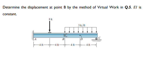 Determine the displacement at point B by the method of Virtual Work in Q.5. El is
constant.
8k
3k/ft
A
B
- 4 ft -
4 ft
-4 ft
4 ft
