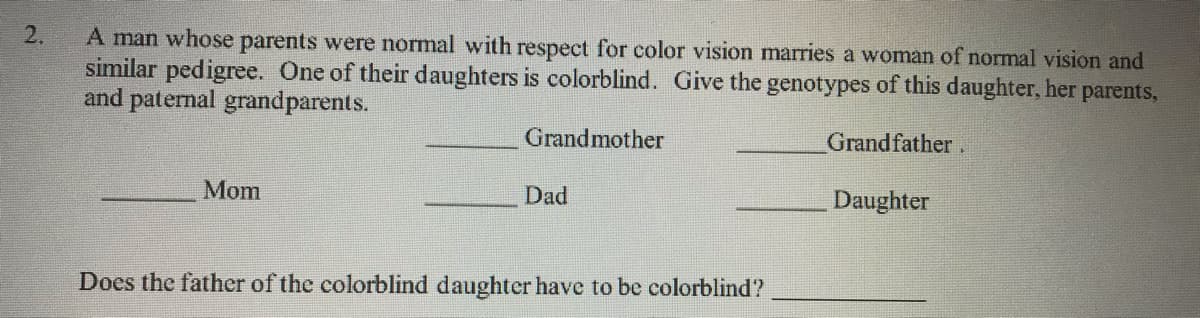 2.
A man whose parents were normal with respect for color vision marries a woman of normal vision and
similar pedigree. One of their daughters is colorblind. Give the genotypes of this daughter, her parents,
and paternal grandparents.
Grandmother
Grand father.
Mom
Dad
Daughter
Does the father of the colorblind daughter have to be colorblind?
