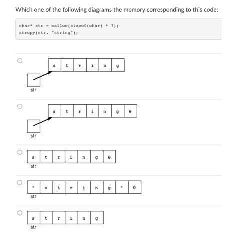 Which one of the following diagrams the memory corresponding to this code:
char* str = malloc(sizeof (char) 7);
strcpy(str, "string");
O
O
O
str
str
S
str
str
S
str
t
S
t
10
T
t
t
1
t r
r 1
T
T
1
n
P
n g
n g 0
g 0
1 n g
D
e