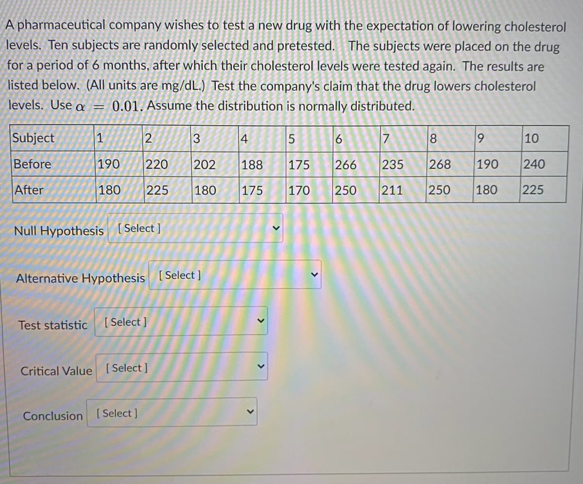 A pharmaceutical company wishes to test a new drug with the expectation of lowering cholesterol
levels. Ten subjects are randomly selected and pretested. The subjects were placed on the drug
for a period of 6 months, after which their cholesterol levels were tested again. The results are
listed below. (All units are mg/dL.) Test the company's claim that the drug lowers cholesterol
levels. Use a
0.01. Assume the distribution is normally distributed.
Subject
1
2
3
4
8
69
10
Before
190
220
202
188
175
266
235
268
190
240
After
180
225
180
175
170
250
211
250
180
225
Null Hypothesis [Select ]
Alternative Hypothesis [Select ]
Test statistiC
[ Select ]
Critical Value
[ Select ]
Conclusion [Select ]
