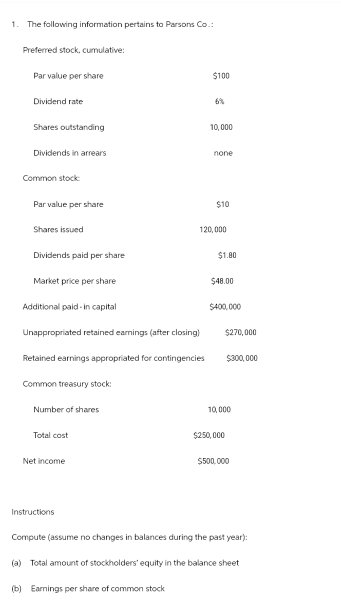 1. The following information pertains to Parsons Co.:
Preferred stock, cumulative:
Par value per share
Dividend rate
Shares outstanding
Dividends in arrears
Common stock:
Par value per share
Shares issued
$100
6%
10,000
none
$10
120,000
Dividends paid per share
$1.80
Market price per share
$48.00
Additional paid-in capital
$400,000
Unappropriated retained earnings (after closing)
$270,000
Retained earnings appropriated for contingencies $300,000
Common treasury stock:
Number of shares
Total cost
Net income
10,000
$250,000
$500,000
Instructions
Compute (assume no changes in balances during the past year):
(a) Total amount of stockholders' equity in the balance sheet
(b) Earnings per share of common stock