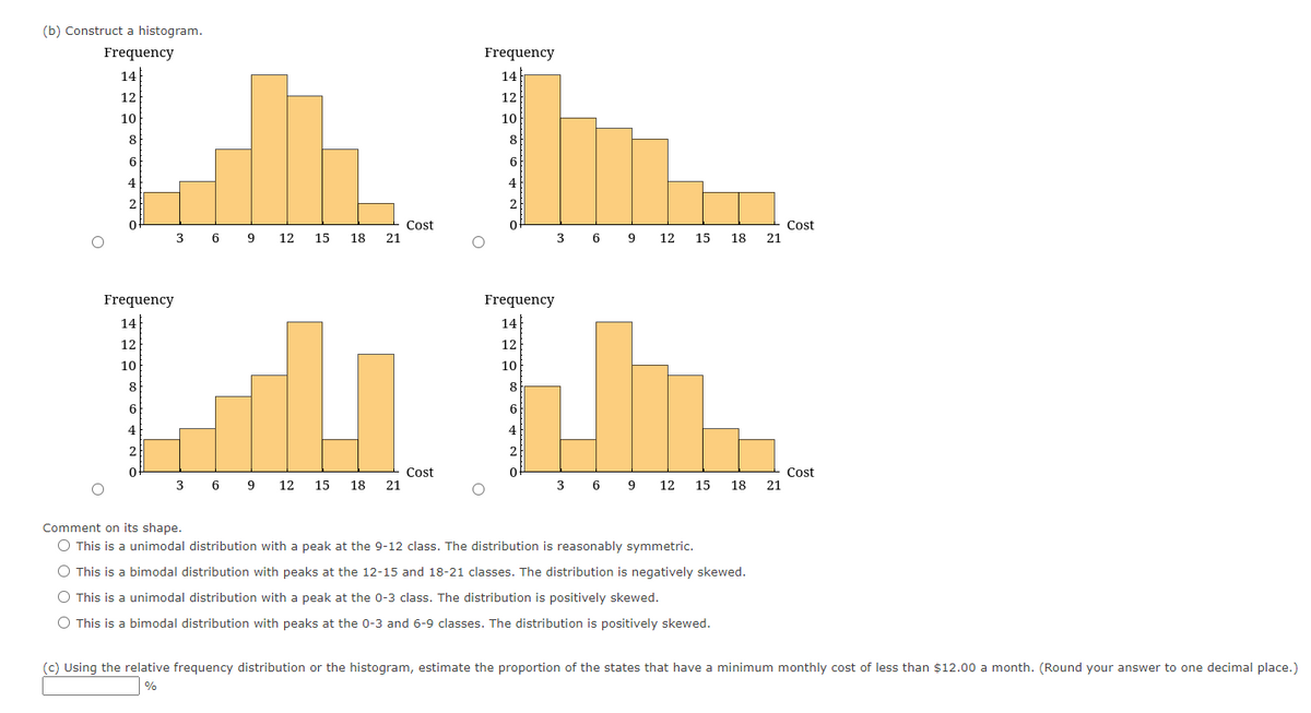 (b) Construct a histogram.
Frequency
14
12
10
8
6
Frequency
14
12
10
8
6
3 69
4
12 15 18 21
Cost
Lu LL.
3 69 12 15 18 21
3 69 12 15
Frequency
14
12
10
Cost
8
6
Frequency
14
12
10
8
3 69 12 15
6
18 21
18 21
Cost
Comment on its shape.
O This is a unimodal distribution with a peak at the 9-12 class. The distribution is reasonably symmetric.
O This is a bimodal distribution with peaks at the 12-15 and 18-21 classes. The distribution is negatively skewed.
O This is a unimodal distribution with a peak at the 0-3 class. The distribution is positively skewed.
O This is a bimodal distribution with peaks at the 0-3 and 6-9 classes. The distribution is positively skewed.
Cost
(c) Using the relative frequency distribution or the histogram, estimate the proportion of the states that have a minimum monthly cost of less than $12.00 a month. (Round your answer to one decimal place.)
%