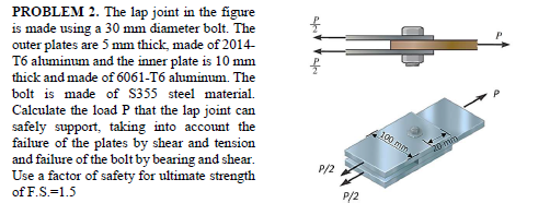 PROBLEM 2. The lap joint in the figure
is made using a 30 mm diameter bolt. The
outer plates are 5 mm thick, made of 2014-
T6 aluminum and the inner plate is 10 mm
thick and made of 6061-T6 aluminum. The
bolt is made of S355 steel material.
Calculate the load P that the lap joint can
safely support, taking into account the
failure of the plates by shear and tension
and failure of the bolt by bearing and shear.
Use a factor of safety for ultimate strength
of F.S.=1.5
100 min
20 m
P/2
P/2
