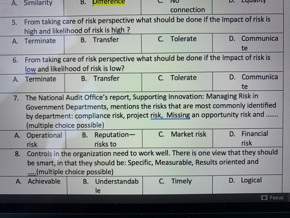 A. Similarity
B. Pifferend
connection
5. From taking care of risk perspective what should be done if the Impact of risk is
high and likelihood of risk is high ?
A. Terminate
B. Transfer
C. Tolerate
D. Communica
te
6. From taking care of risk perspective what should be done if the Impact of risk is
low and likelihood of risk is low?
A. Terminate
B. Transfer
C. Tolerate
D. Communica
te
7. The National Audit Office's report, Supporting Innovation: Managing Risk in
Government Departments, mentions the risks that are most commonly identified
by department: compliance risk, project risk, Missing an opportunity risk and ...
(multiple choice possible)
C. Market risk
B. Reputation-
risks to
A. Operational
D. Financial
risk
risk
8. Controls in the organization need to work well. There is one view that they should
be smart, in that they should be: Specific, Measurable, Results oriented and
...(multiple choice possible)
A. Achievable
B. Understandab
C. Timely
D. Logical
le
Focus
