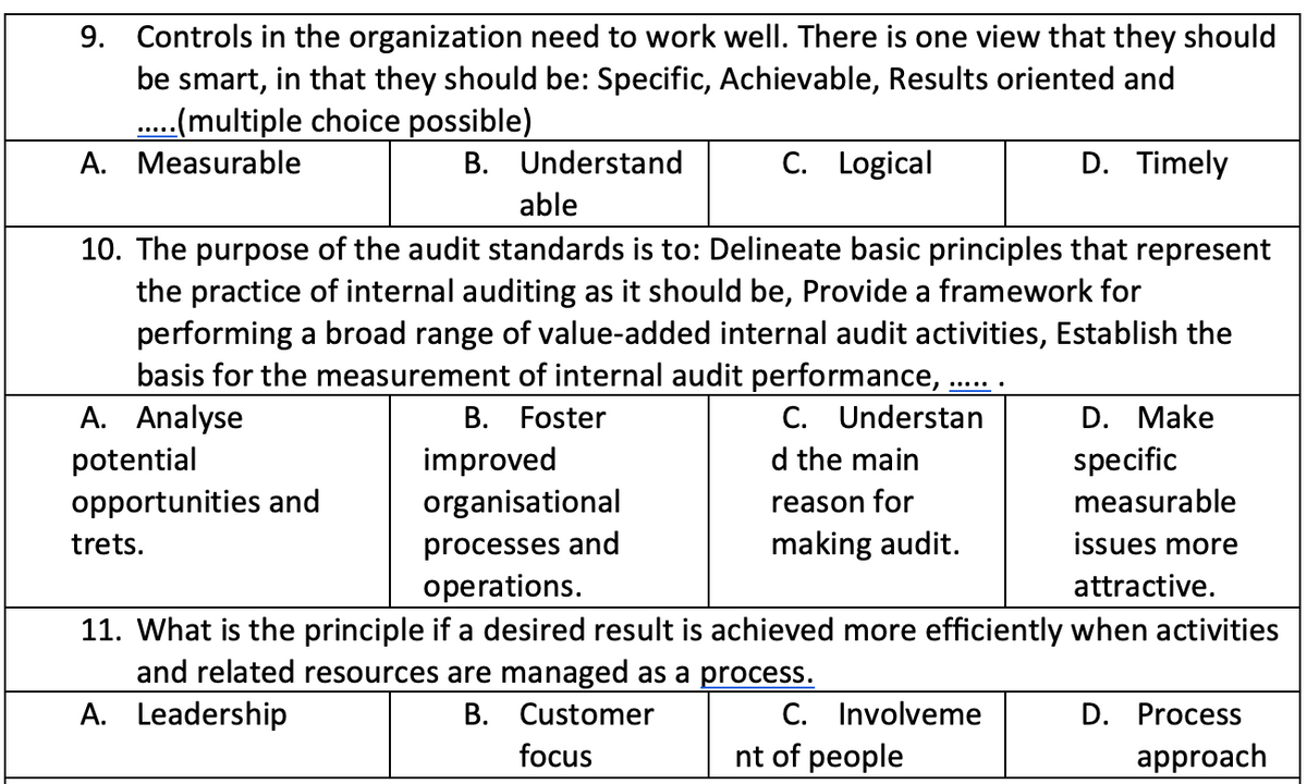 9. Controls in the organization need to work well. There is one view that they should
be smart, in that they should be: Specific, Achievable, Results oriented and
.(multiple choice possible)
A. Measurable
B. Understand
C. Logical
D. Timely
able
10. The purpose of the audit standards is to: Delineate basic principles that represent
the practice of internal auditing as it should be, Provide a framework for
performing a broad range of value-added internal audit activities, Establish the
basis for the measurement of internal audit performance, ,
A. Analyse
potential
......
B. Foster
C. Understan
D. Make
improved
organisational
d the main
specific
opportunities and
reason for
measurable
trets.
processes and
making audit.
issues more
operations.
attractive.
11. What is the principle if a desired result is achieved more efficiently when activities
and related resources are managed as a process.
C. Involveme
nt of people
A. Leadership
B. Customer
D. Process
focus
approach
