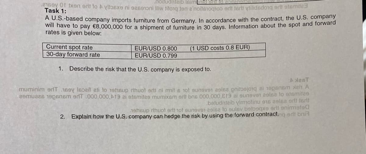 .noitudifaib Isimbnid eri to abitan9106
2169 Of Ixen ert to A vitose ni oni lliw ito ten other video
Task 1:
tam
A U.S.-based company imports furniture from Germany. In accordance with the contract, the U.S. company
will have to pay €8,000,000 for a shipment of furniture in 30 days. Information about the spot and forward
rates is given below:
Current spot rate
EUR/USD 0.800
EUR/USD 0.799
30-day forward rate
1. Describe the risk that the U.S. company is exposed to.
(1 USD costs 0.8 EUR)
AlesT
it
muminim en 169 Isait ati to 19hsup dhuot erit ni mit is not sure
29mu6 1900sm erT .000,000, Are ai etsmitee mumixem erit bris 000,000,r3 ai eunevet 29lsa to stsmitee
.betudinteib ylmotinu ens elsa erlt terit
19hsup rihuot erlt not euneven 2elsa to eulsv betoqxe erit animated
2. Explain how the U.S. company can hedge the risk by using the forward contract. q ert bri