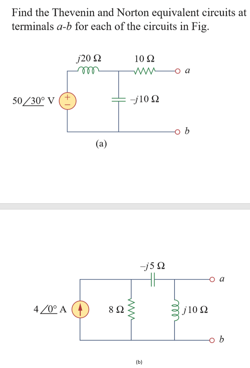 Find the Thevenin and Norton equivalent circuits at
terminals a-b for each of the circuits in Fig.
j20 Ω
ll
10 Ω
o a
50/30° V
-j10 Q
o b
(a)
-j5 Q
a
4 /0° A (4
8Ω
j10 Q
(b)
ll
