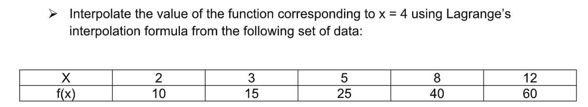 Interpolate the value of the function corresponding to x = 4 using Lagrange's
interpolation formula from the following set of data:
X
2
3
5
8
12
f(x)
10
15
25
40
60