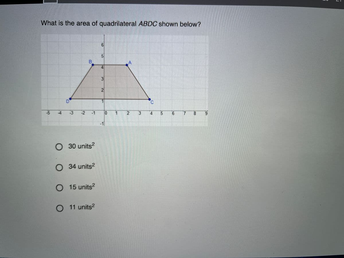 What is the area of quadrilateral ABDC shown below?
6.
B.
4
1
C.
-4
-3 -2
-1
1
3
4.
8.
6.
30 units?
O 34 units?
O 15 units?
11 units?
Co
7
06
2.
3.
2.
