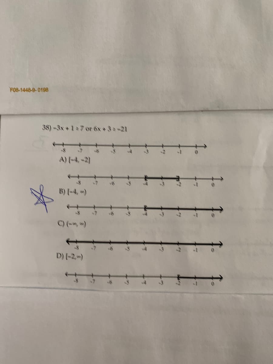 F08-1448-9-0198
38)-3x+1:7 or 6x + 32-21
はす
A) (-4,-2)
B) (-4, )
-7
C) (- )
D) (-2,)
-7
