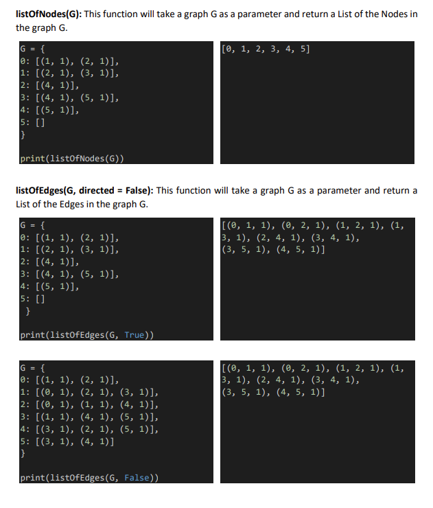 listOfNodes(G): This function will take a graph G as a parameter and return a List of the Nodes in
the graph G.
|[е, 1, 2, 3, 4, 5]
G = {
0: [(1, 1), (2, 1)],
1: [(2, 1), (3, 1)],
2: [(4, 1)],
3: [(4, 1), (5, 1)],
4: [(5, 1)],
5: []
print(list0fNodes(G))
listOfEdges(G, directed = False): This function will take a graph G as a parameter and return a
List of the Edges in the graph G.
[(е, 1, 1), (@, 2, 1), (1, 2, 1), (1,
3, 1), (2, 4, 1), (3, 4, 1),
(3, 5, 1), (4, 5, 1)]
G = {
e: [(1, 1), (2, 1)],
1: [(2, 1), (3, 1)],
2: [(4, 1)],
3: [(4, 1), (5, 1)],
4: [(5, 1)],
5: []
}
print(list0fEdges(G, True))
[(е, 1, 1), (@, 2, 1), (1, 2, 1), (1,
3, 1), (2, 4, 1), (3, 4, 1),
(3, 5, 1), (4, 5, 1)]
{
0: [(1, 1), (2, 1)],
1: [(0, 1), (2, 1), (3, 1)],
2: [(0, 1), (1, 1), (4, 1)],
3: [(1, 1), (4, 1), (5, 1)],
4: [(3, 1), (2, 1), (5, 1)],
5: [(3, 1), (4, 1)]
IG =
print(list0fEdges(G, False))
