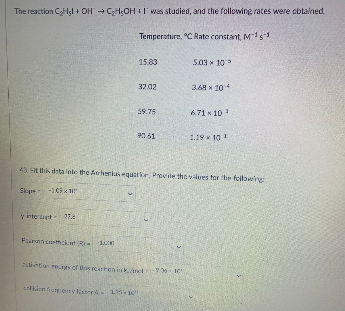 The reaction C2H5I + OH→ C2H;OH +I was studied, and the following rates were obtained.
Temperature, °C Rate constant, M 1s-1
15.83
5.03 x 10-5
32.02
3.68 x 10-4
59.75
6.71 × 10-3
90.61
1.19 x 10-1
43. Fit this data into the Arrhenius equation. Provide the values for the following:
Slope =-1.09 x 10"
y-intercept =
27.8
%3D
Pearson coefficient (R) = -1.000
activation energy of this reaction in kJ/mol = 9.06 x 10"
collision frequency factor A = 1.15 x 10"
