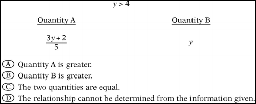 Quantity A
3y + 2
5
A Quantity A is greater.
B Quantity B is greater.
y> 4
Quantity B
y
The two quantities are equal.
D The relationship cannot be determined from the information given.