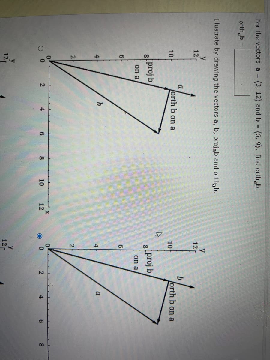 For the vectors a =
orthab
Illustrate by drawing the vectors a, b, projab and orthab.
y
12 r
10
8 Proj b
on a
6
4
2
(3, 12) and b = (6, 9), find orthab.
0
y
121
a
2
orth b on a
b
4
6
8 10
X
12
y
12r
10
8
6
4
2
y
12r
proj b
on a
2
b
orth b on a
4
6
8