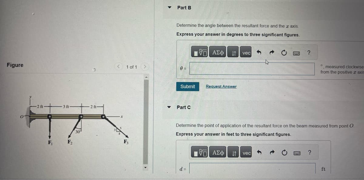 Figure
-2 ft-
F₁
-3 ft-
F₂
30
3
-2 ft-
<
1 of 1 >
F3
▼
▼
Part B
Determine the angle between the resultant force and the x axis.
Express your answer in degrees to three significant figures.
0 =
Submit
Part C
ΠΡ
ΫΠΙ ΑΣΦ
d =
↓↑ vec 1
Request Answer
C
S
?
O
Determine the point of application of the resultant force on the beam measured from point O.
Express your answer in feet to three significant figures.
IVE ΑΣΦ ↓↑ vec
?
measured clockwise
from the positive z axis
ft