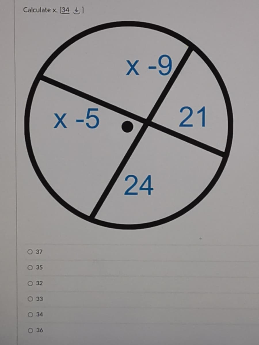 Calculate x. [34
X -9
X -5
21
24
O 37
O 35
O 32
O 33
O 34
O 36
