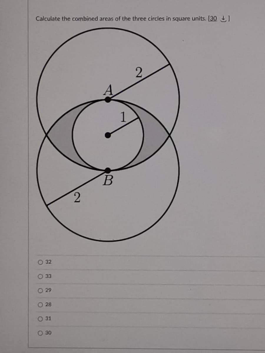 Calculate the combined areas of the three circles in square units. [30 L1
2.
O 32
O 3
O 29
O 28
O 31
O 30
1
