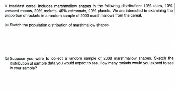 A breakfast cereal includes marshmallow shapes in the following distribution: 10% stars, 10%
crescent moons, 20% rockets, 40% astronauts, 20% planets. We are interested in examining the
proportion of rockets in a random sample of 2000 marshmallows from the cereal.
(a) Sketch the population distribution of marshmallow shapes.
(b) Suppose you were to collect a random sample of 2000 marshmallow shapes. Sketch the
distribution of sample data you would expect to see. How many rockets would you expect to see
in your sample?