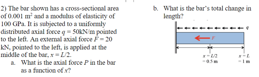 2) The bar shown has a cross-sectional area
of 0.001 m² and a modulus of elasticity of
100 GPa. It is subjected to a uniformly
distributed axial force q = 50kN/m pointed
to the left. An external axial force F= 20
kN, pointed to the left, is applied at the
middle of the bar, x = L/2.
a. What is the axial force P in the bar
as a function of x?
b. What is the bar's total change in
length?
- F
x=L/2
= 0.5 m
- 9
x=L
= 1 m