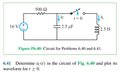 16 V(+
500 Ω
Lic
t=0
iL
=2.5 μF
ele
2.5 H
Figure P6.40: Circuit for Problems 6.40 and 6.41.
6.41 Determine ic(t) in the circuit of Fig. 6.40 and plot its
waveform for t≥ 0.