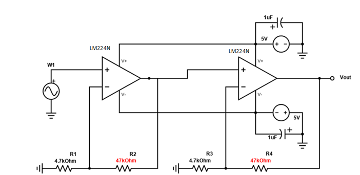 W1
LM224N
V+
LM224N
V+
1uF
5V
1UF) +
1uF
5V
R2
47kOhm
R3
R4
4.7kOhm
47kOhm
www
R1
4.7kOhm
w
ww
Vout