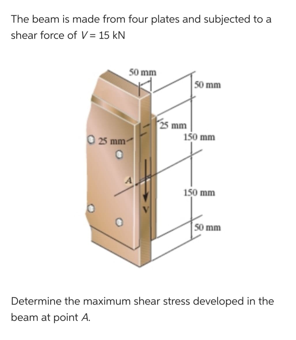 The beam is made from four plates and subjected to a
shear force of V = 15 kN
50 mm
O 25 mm-
25 mm
50 mm
150 mm
150 mm
50 mm
Determine the maximum shear stress developed in the
beam at point A.