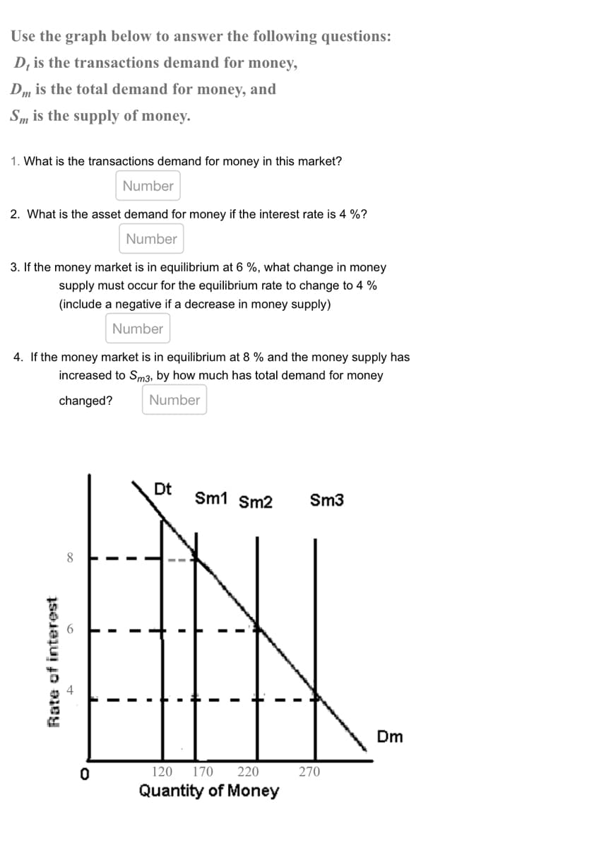 6
Rate of interest
Use the graph below to answer the following questions:
D, is the transactions demand for money,
Dis the total demand for money, and
S is the supply of money.
1. What is the transactions demand for money in this market?
Number
2. What is the asset demand for money if the interest rate is 4 %?
Number
3. If the money market is in equilibrium at 6 %, what change in money
supply must occur for the equilibrium rate to change to 4 %
(include a negative if a decrease in money supply)
Number
4. If the money market is in equilibrium at 8% and the money supply has
increased to Sm3, by how much has total demand for money
changed?
Number
8
I
'
Dt
Sm1 Sm2
Sm3
Dm
0
120 170 220
Quantity of Money
270