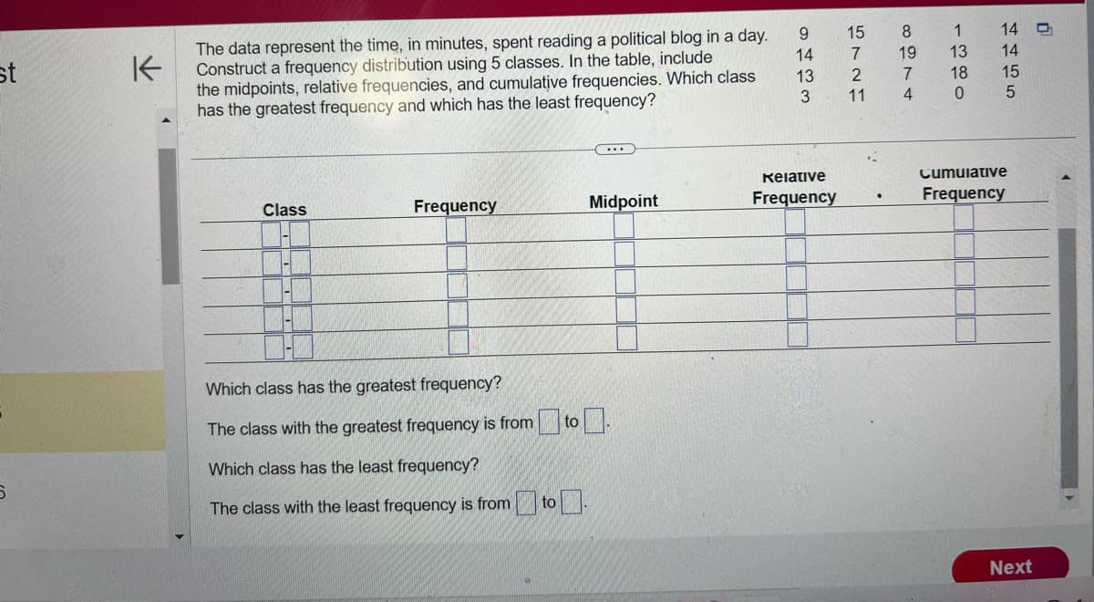 st
6
K
The data represent the time, in minutes, spent reading a political blog in a day.
Construct a frequency distribution using 5 classes. In the table, include
the midpoints, relative frequencies, and cumulative frequencies. Which class
has the greatest frequency and which has the least frequency?
Class
H
Frequency
(...
Midpoint
Which class has the greatest frequency?
The class with the greatest frequency is from to.
Which class has the least frequency?
The class with the least frequency is from to
to.
9 15
14
13
3
5725
Kelative
Frequency
11
8974
19
1380
14 14 15 5
Cumulative
Frequency
Next
0