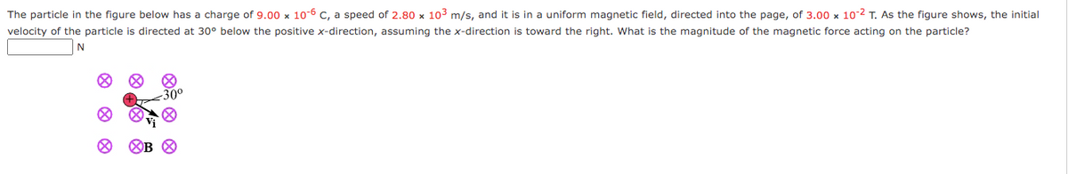 The particle in the figure below has a charge of 9.00 x 10-6 C, a speed of 2.80 x 103 m/s, and it is in a uniform magnetic field, directed into the page, of 3.00 x 10-2 T. As the figure shows, the initial
velocity of the particle is directed at 30° below the positive x-direction, assuming the x-direction is toward the right. What is the magnitude of the magnetic force acting on the particle?
-30
OB
