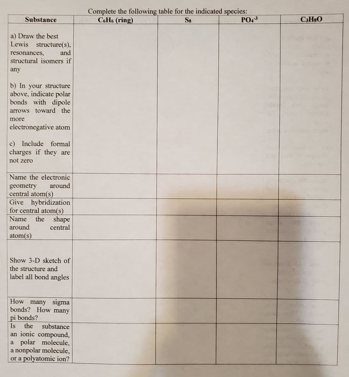 Substance
a) Draw the best
Lewis structure(s),
resonances,
and
structural isomers if
any
b) In your structure
above, indicate polar
bonds with dipole
arrows toward the
more
electronegative atom
c) Include formal
charges if they are
not zero
Name the electronic
around
geometry
central atom(s)
Give hybridization
for central atom(s)
Name the shape
around
central
atom(s)
Show 3-D sketch of
the structure and
label all bond angles
How many sigma
bonds? How many
pi bonds?
Is the substance
an ionic compound,
a polar molecule,
a nonpolar molecule,
or a polyatomic ion?
Complete the following table for the indicated species:
C6H6 (ring)
S8
PO4-3
C3H8O
