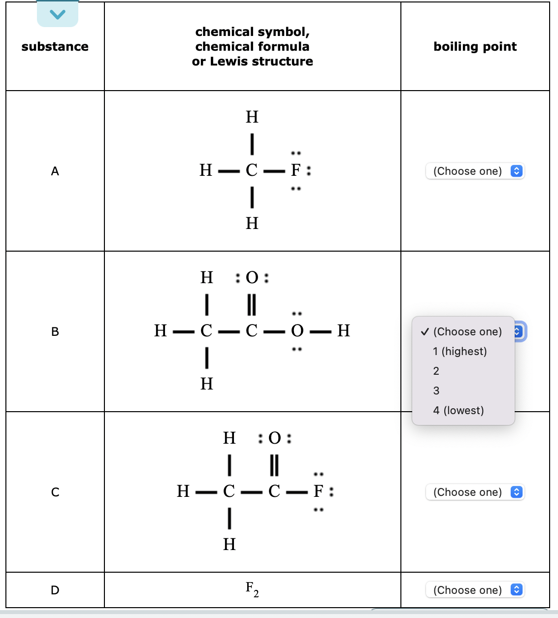 substance
A
B
C
D
chemical symbol,
chemical formula
or Lewis structure
H-C-F:
H
4
15-
Η :0:
||
H-C
—
C-O
H
H
H1C
H
C
1
H
HIC
: 0:
:0:
F₂
- H
C-F:
boiling point
(Choose one)
✓ (Choose one)
1 (highest)
2
3
4 (lowest)
(Choose one) ↑
(Choose one)