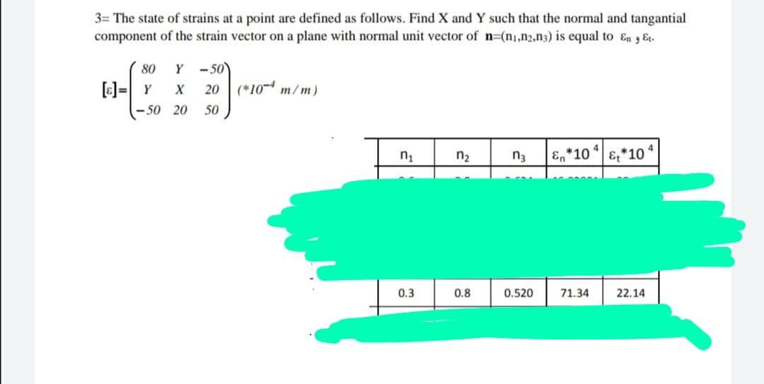 3= The state of strains at a point are defined as follows. Find X and Y such that the normal and tangantial
component of the strain vector on a plane with normal unit vector of n=(n,n2,n3) is equal to En Et.
80
Y-50
X
20
(*10 m/m)
<-50 20
50
4
n₁
n₂
n3
&*10
0.3
0.8
0.520
22.14
En *10
71.34