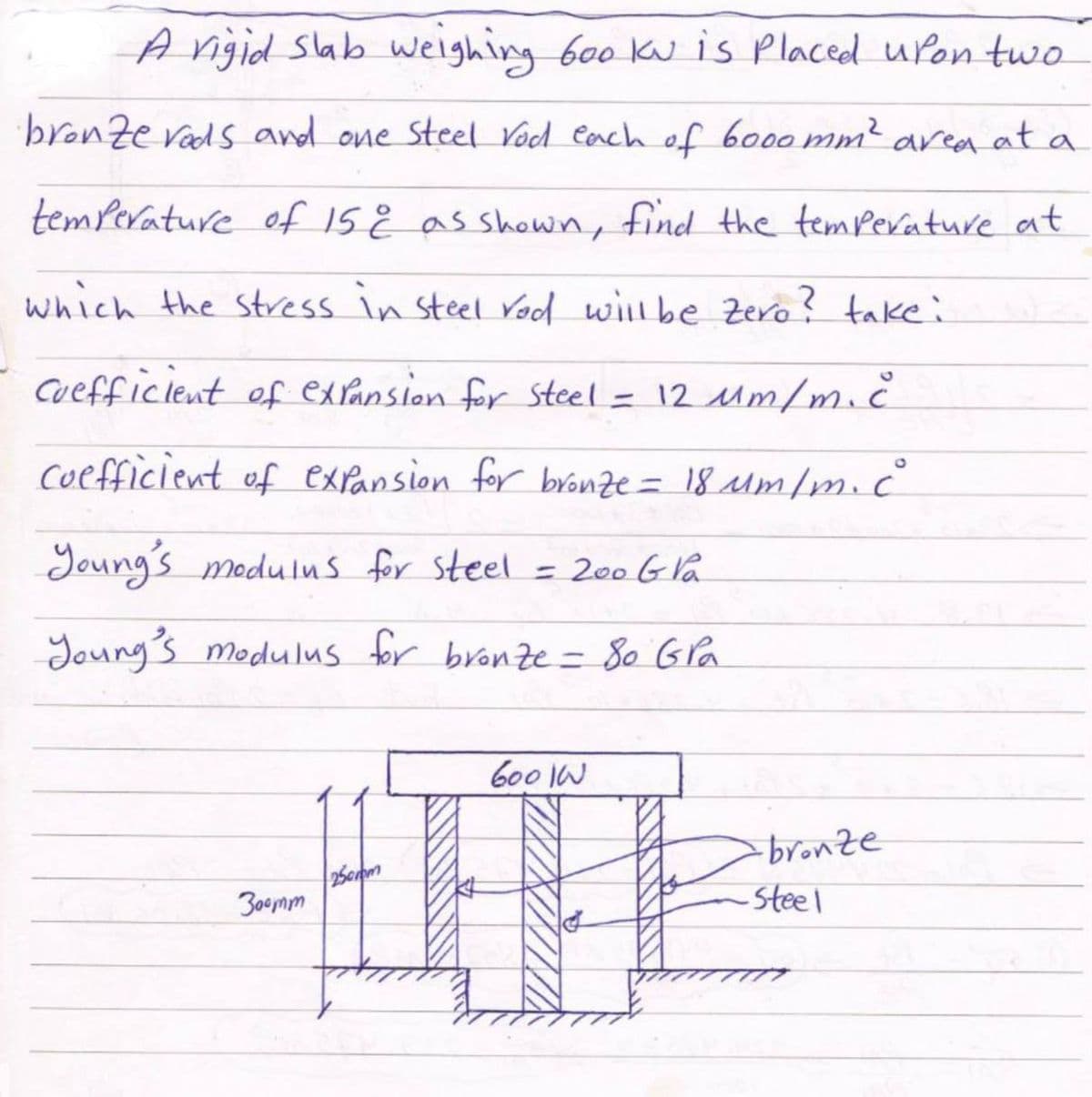 A rigid slab weighing 600 ku is placed upon two
·bronze rods and one steel rod each of 6000 mm² area at a
temperature of 15¢ as shown, find the temperature at
which the stress in steel rod will be Zero? take:
Coefficient of expansion for steel = 12 um/m. c
coefficient of expansion for bronze = 18 um/m. c
Young's modulus for steel = 200 G Va
Young's modulus for bronze = 80 GPa
600 IN
250mm
300mm
-bronze
-Steel