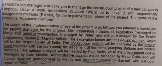 STADIO's top management asks you to manage the construction project of a new campus in
Limpopo. Draw a work breakdown structure (WBS) up to Level 3, with responsibility
assignment matrices (RAMS), for the implementation phase of the project. The name of the
project is "Academic Campus".
The scope of the implementation phase of the project is as follows: you (student's name) are
the project manager for the project. Site preparation includes all excavation (managed by
Mary) and general construction (managed by Peter) and will be managed by the Senior
Engineering Manager, Mandia Mdlula. The excavation further includes equipment hire, which
will be the responsibility of Sello. The construction options will be analysed by the project
team together with the community for placement of the dams, pumping stations and control
buildings. The options analysis will be headed by Paul Smith, while the procurement unit is
managed by Cate Modise. Administrative support will be managed by Peter Dube and will
include financial management by Mandy and document control by Samuel, who will both
report to Peter.