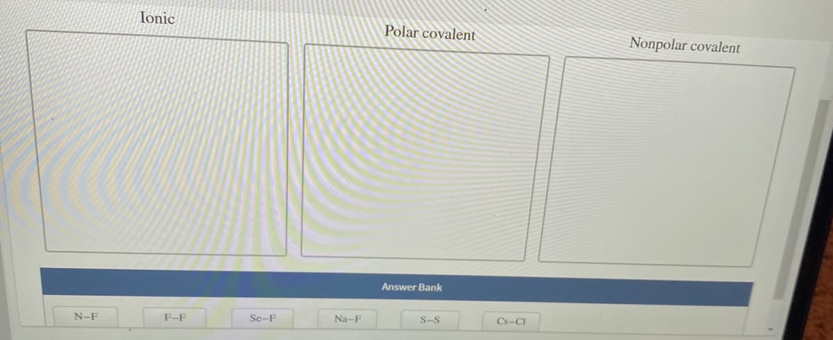 Ionic
Polar covalent
Nonpolar covalent
Answer Bank
N-F
F-F
Se-F
Na-F
S-S
Cs-CI
