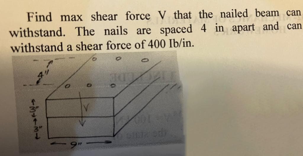 Find max shear force V that the nailed beam can
Ta
withstand. The nails are spaced 4 in apart and can
withstand a shear force of 400 lb/in.
O
و لا د بنم
O
4 9"
V
303
O