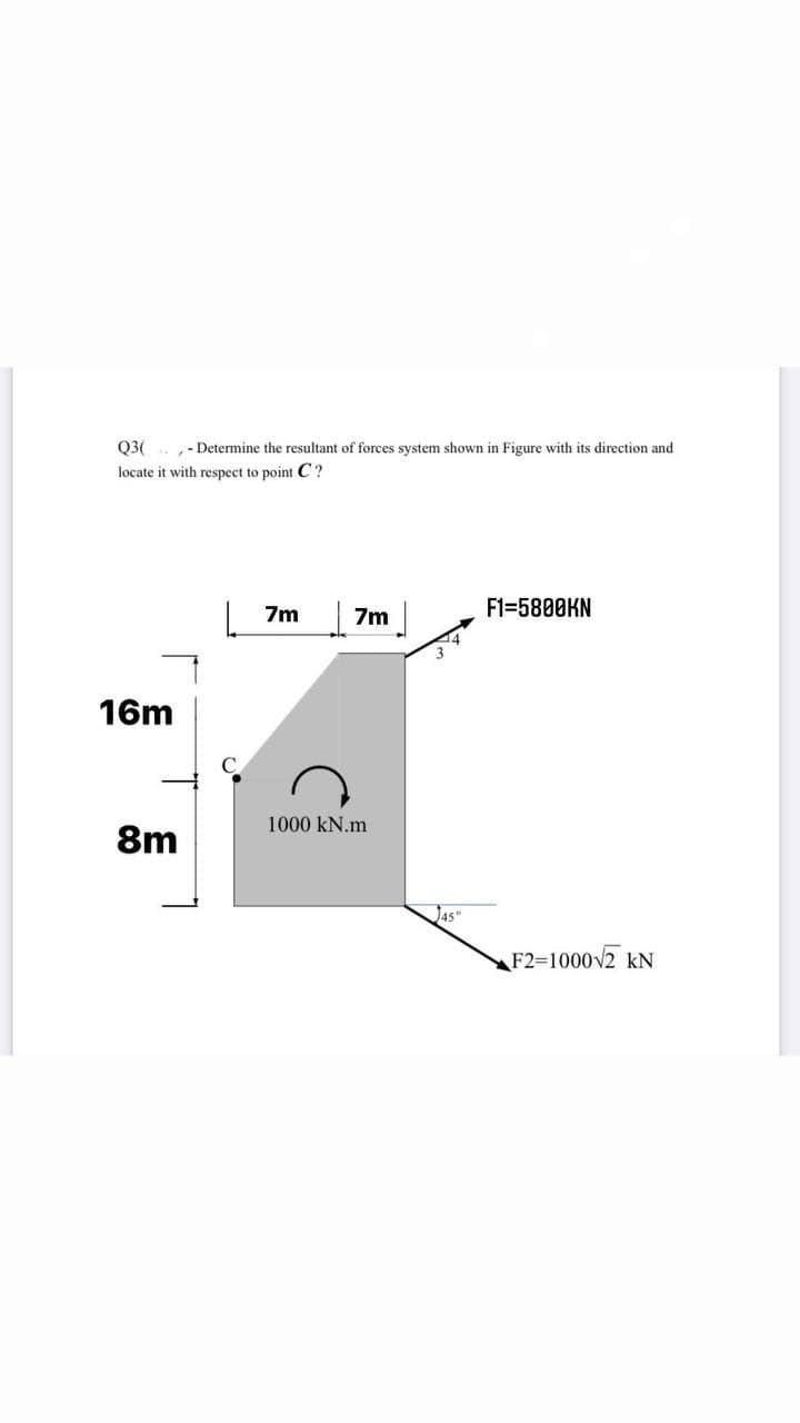 - Determine the resultant of forces system shown in Figure with its direction and
Q3(
locate it with respect to point C ?
7m
7m
F1=5800KN
16m
1000 kN.m
8m
45
F2=1000v2 kN
