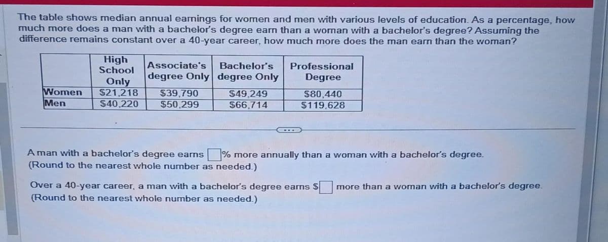 The table shows median annual earnings for women and men with various levels of education. As a percentage, how
much more does a man with a bachelor's degree earn than a woman with a bachelor's degree? Assuming the
difference remains constant over a 40-year career, how much more does the man earn than the woman?
Women
Men
High
School
Only
$21,218
$40,220
Associate's Bachelor's
degree Only degree Only
$39,790
$50,299
$49,249
$66,714
Professional
Degree
$80,440
$119,628
A man with a bachelor's degree eams % more annually than a woman with a bachelor's degree.
(Round to the nearest whole number as needed.)
Over a 40-year career, a man with a bachelor's degree earns $
(Round to the nearest whole number as needed.)
more than a woman with a bachelor's degree.