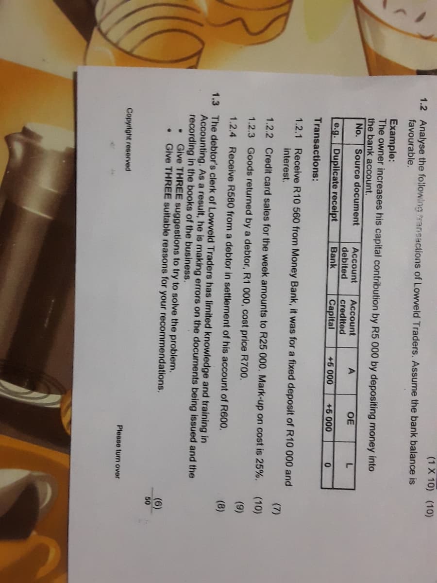 (1X 10) (10)
1.2 Analyse the following transactions of Lowveld Traders. Assume the bank balance is
favourable.
Example:
The owner increases his capital contribution by R5 000 by depositing money into
the bank account.
Account
debited
Bank
No.
Source document
Account
credited
A
OE
L.
e.g. Duplicate receipt
Capital
+5000
+5 000
Transactions:
1.2.1 Receive R10 560 from Money Bank, it was for a fixed deposit of R10 000 and
interest.
(7)
1.2.2 Credit card sales for the week amounts to R25 000. Mark-up on cost is 25%.
(10)
1.2.3 Goods returned by a debtor, R1 000, cost price R700,
(9)
1.2.4 Receive R580 from a debtor in settlement of his account of R600,
(8)
1.3 The debtor's clerk of Lowveld Traders has limited knowledge and training in
Accounting. As a result, he is making errors on the documents being issued and the
recording in the books of the business.
Give THREE suggestions to try to solve the problem.
Give THREE suitable reasons for your recommendations.
50
Copyright reserved
Please turn over
