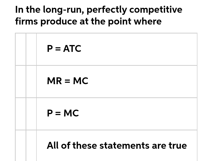 In the long-run, perfectly competitive
firms produce at the point where
P = ATC
MR = MC
P = MC
All of these statements are true
