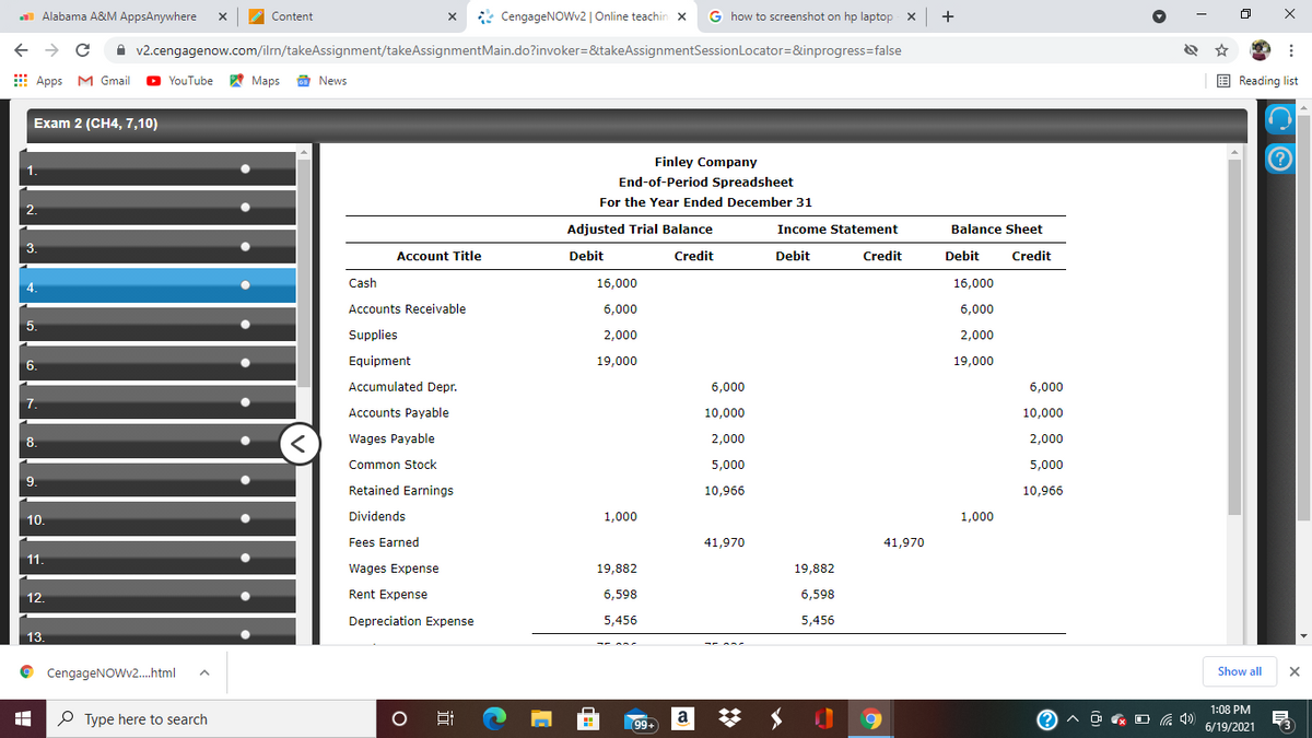 Alabama A&M AppsAnywhere
* CengageNOWv2 | Online teachin x
G how to screenshot on hp laptop x +
Content
A v2.cengagenow.com/ilrn/takeAssignment/takeAssignmentMain.do?invoker=&takeAssignmentSessionLocator=&inprogress=false
E Apps M Gmail
O YouTube
A Maps a News
E Reading list
Exam 2 (CH4, 7,10)
Finley Company
1.
End-of-Period Spreadsheet
For the Year Ended December 31
Adjusted Trial Balance
Income Statement
Balance Sheet
3.
Account Title
Debit
Credit
Debit
Credit
Debit
Credit
4
Cash
16,000
16,000
Accounts Receivable
6,000
6,000
5.
Supplies
2,000
2,000
6.
Equipment
19,000
19,000
Accumulated Depr.
6,000
6,000
7.
Accounts Payable
10,000
10,000
8.
Wages Payable
2,000
2,000
Common Stock
5,000
5,000
9.
Retained Earnings
10,966
10,966
10.
Dividends
1,000
1,000
Fees Earned
41,970
41,970
11.
Wages Expense
19,882
19,882
12.
Rent Expense
6,598
6,598
Depreciation Expense
5,456
5,456
13.
CengageNOWv2.html
Show all
1:08 PM
P Type here to search
99+
a
へg ロ6 )
6/19/2021
近
