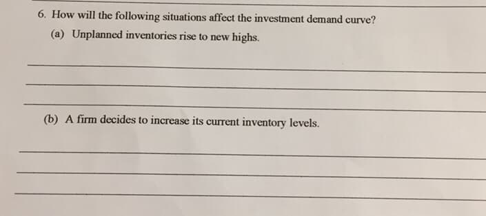 6. How will the following situations affect the investment demand curve?
(a) Unplanned inventories rise to new highs.
(b) A firm decides to increase its current inventory levels.
