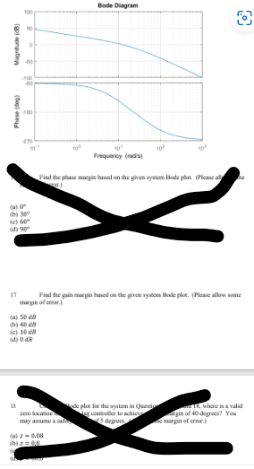 (gp) epub
Phase (dog)
17
100
0
-50
-100
(a) (
(b) 300
(c) 600
(d) 900
(d
+00
(a) 50 dB
(b) 40 dB
(c) 10 dB
(d) 0dB
Bode Diagram
Find the phase margin based on the given system Bode plot. (Please all
pr.)
Find the gain margin based on the given system Bode plot. (Please allow some
margin of enor)
zero location
may assume a sal
(a) - 0.08
(b) z=0.8
10¹
Frequency (radis)
O
de plot for the system in Question
ng controller to achiey
5 degrees
15, where is a valid
argin of 40 degrees? You
margin of error)