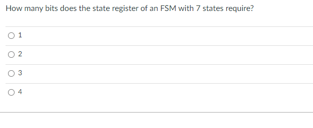 How many bits does the state register of an FSM with 7 states require?
0 1
U
N
3
O
A