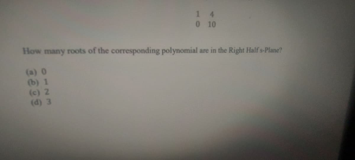 1
0
4
10
How many roots of the corresponding polynomial are in the Right Half s-Plane?
(a) 0
(b) 1
(c) 2
(d) 3