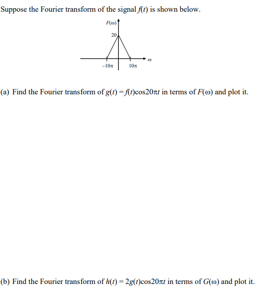 Suppose the Fourier transform of the signal f(t) is shown below.
F(0)
20,
-10m
10
(a) Find the Fourier transform of g(t)=f(t)cos20nt in terms of F(0) and plot it.
(b) Find the Fourier transform of h(t)=2g(t)cos20nt in terms of G(o) and plot it.