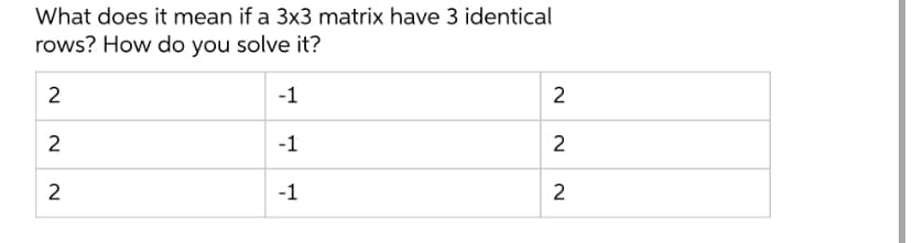 What does it mean if a 3x3 matrix have 3 identical
rows? How do you solve it?
2
-1
2
2
-1
2
2
-1
2