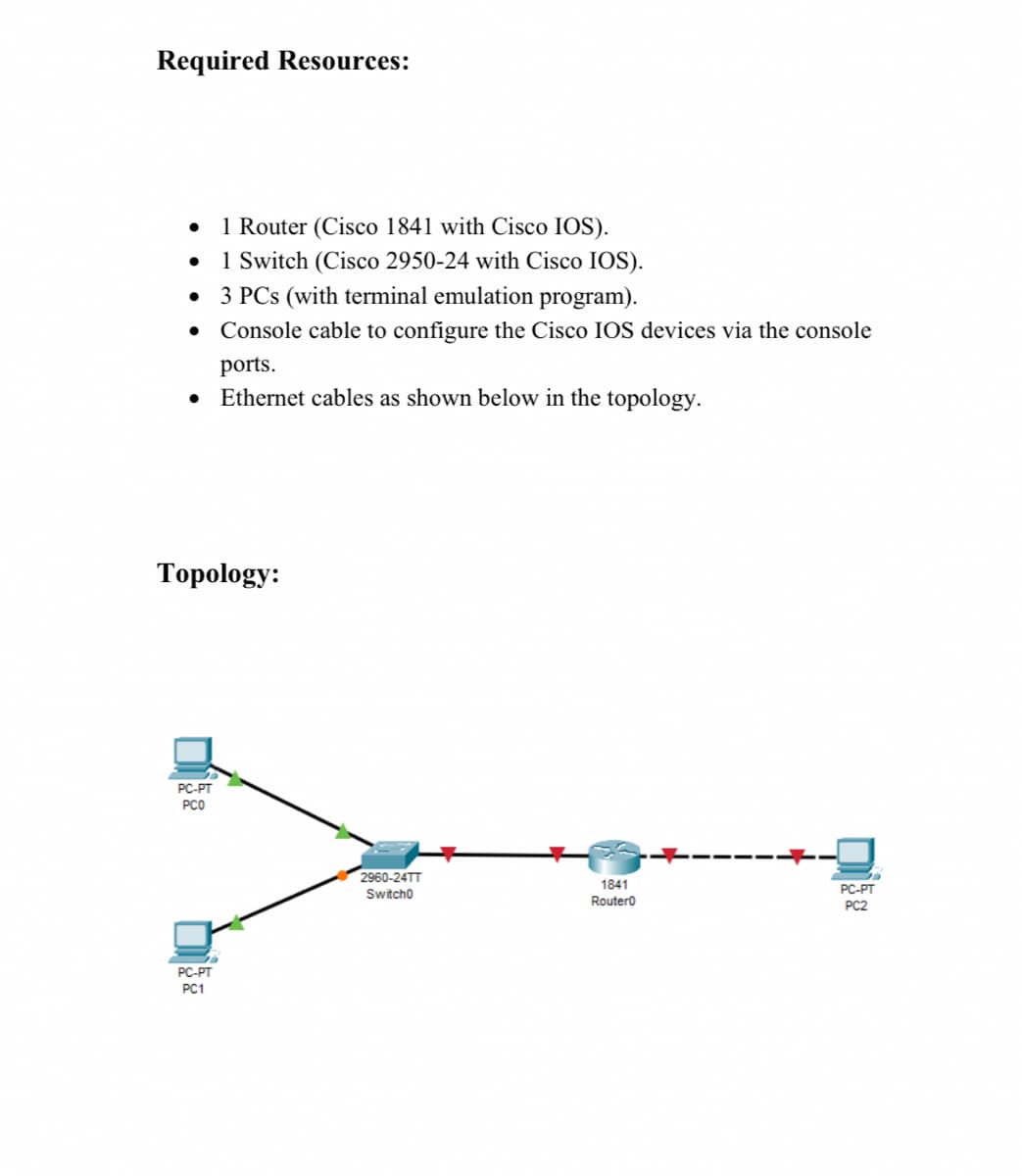 Required Resources:
1 Router (Cisco 1841 with Cisco IOS).
1 Switch (Cisco 2950-24 with Cisco IOS).
3 PCs (with terminal emulation program).
• Console cable to configure the Cisco IOS devices via the console
ports.
Ethernet cables as shown below in the topology.
Topology:
PC-PT
PCO
2960-24TT
1841
PC-PT
Switcho
Router0
PC2
PC-PT
PC1
