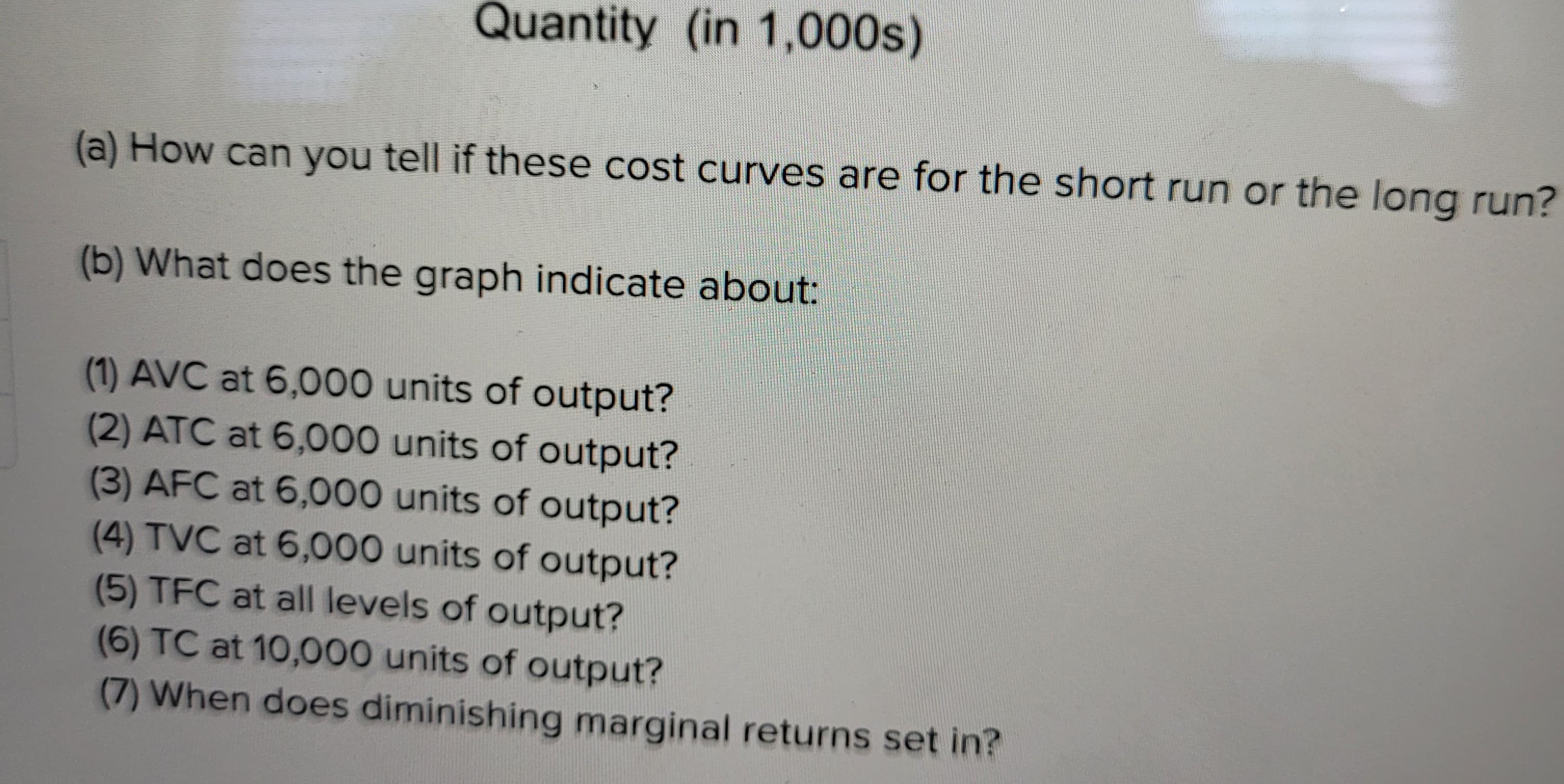 Quantity (in 1,000s)
(a) How can you tell if these cost curves are for the short run or the long run?
(b) What does the graph indicate about:
(1) AVC at 6,000 units of output?
(2) ATC at 6,000 units of output?
(3) AFC at 6,000 units of output?
(4) TVC at 6,000 units of output?
(5) TFC at all levels of output?
(6) TC at 10,000 units of output?
(7) When does diminishing marginal returns set in?